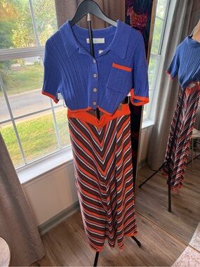 Free People Blue and Orange Cropped Cardigan & Striped Maxi Skirt Set